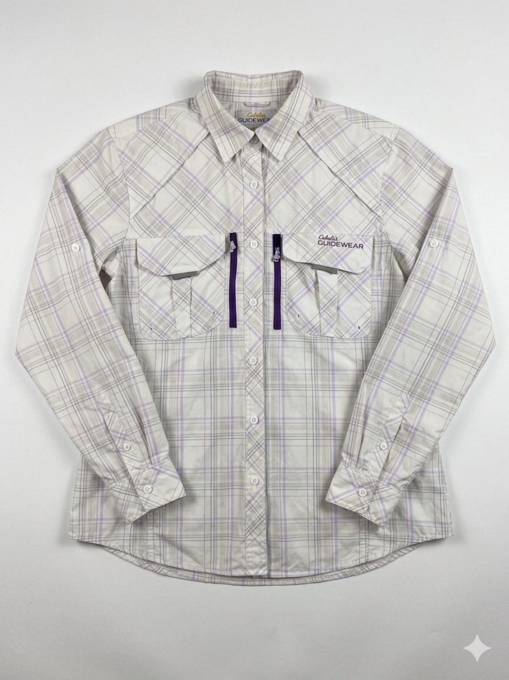 Cabela's White Plaid Long-Sleeve Shirt with Light Purple Accents